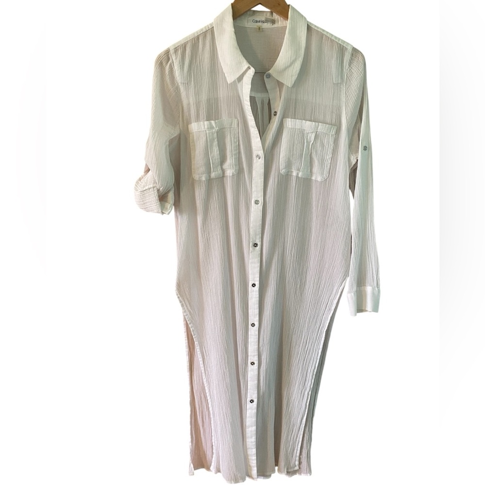 Calvin Klein Shirt Button Up Tunic Top Women Size Medium White Roll Tab Sleeve